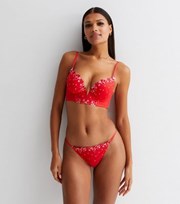 New Look Red Heart Embroidered Mesh Thong
